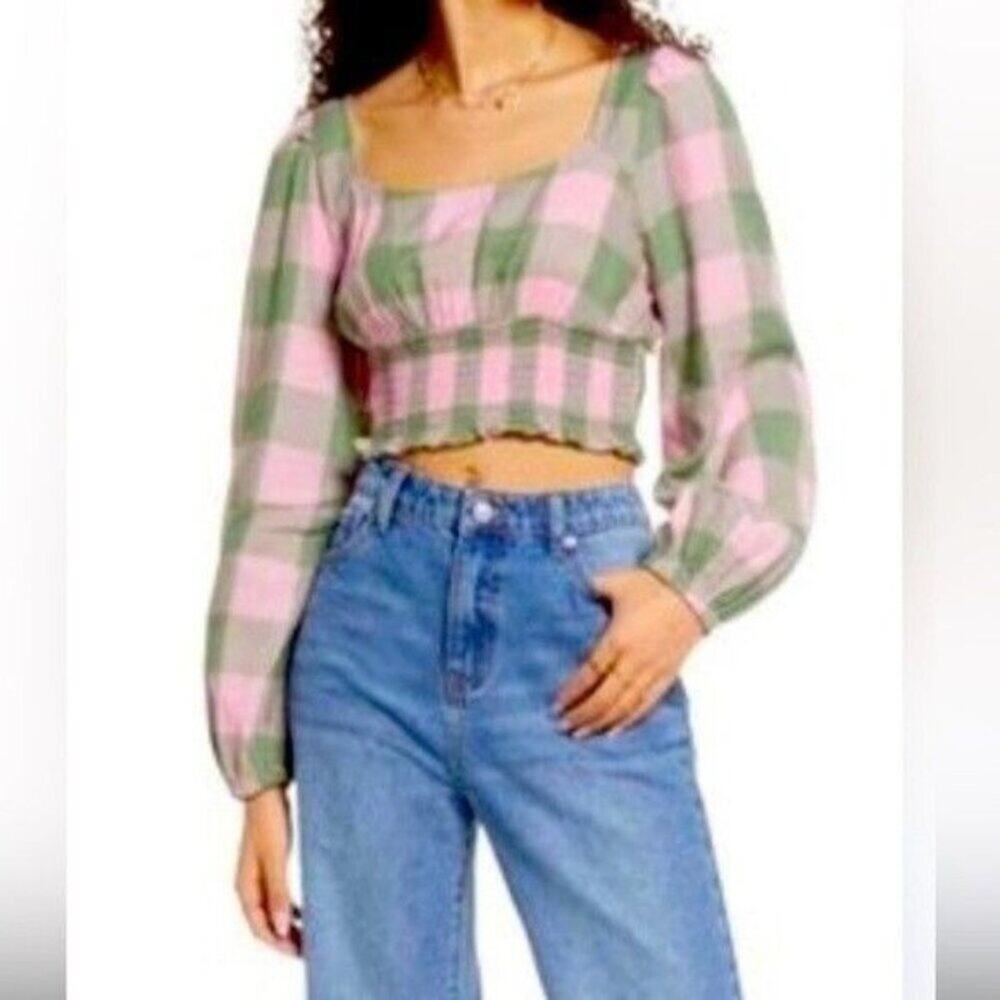 BP Dreamy Shirt Cropped Junior XS Smocked Long Sleeve Pink Green Buffalo Check